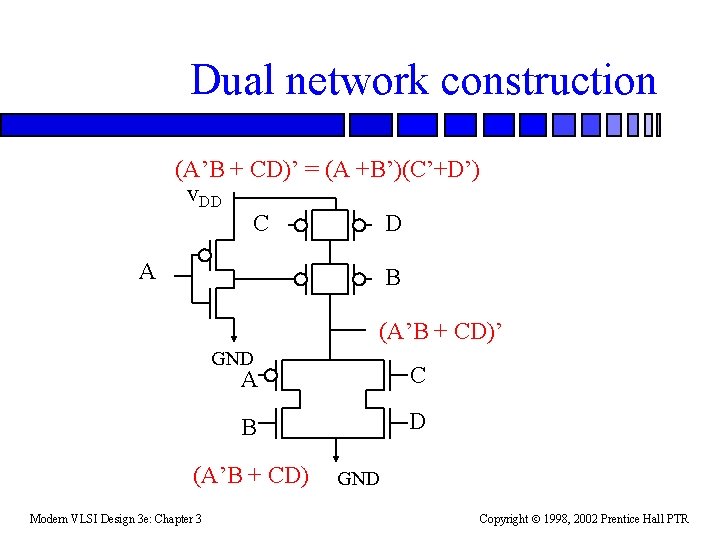 Dual network construction (A’B + CD)’ = (A +B’)(C’+D’) v. DD C D A