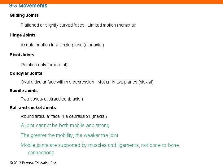 9 -3 Movements Gliding Joints Flattened or slightly curved faces. Limited motion (nonaxial) Hinge