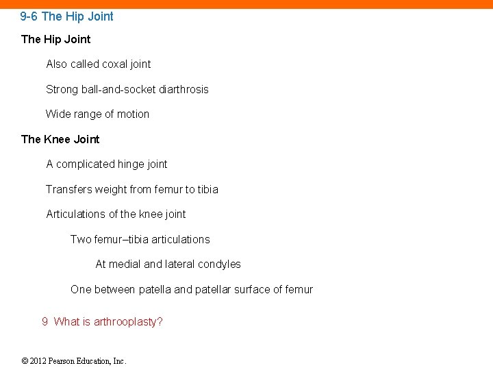 9 -6 The Hip Joint Also called coxal joint Strong ball-and-socket diarthrosis Wide range