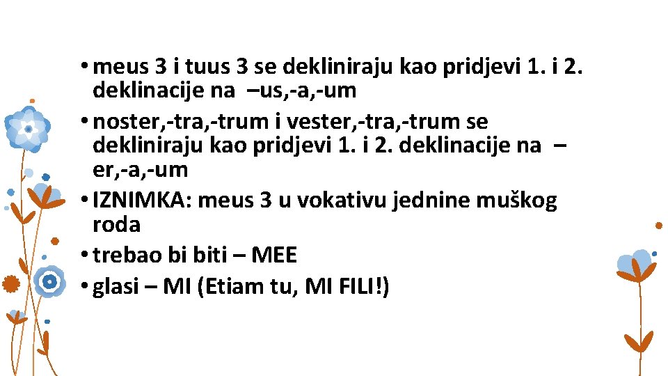  • meus 3 i tuus 3 se dekliniraju kao pridjevi 1. i 2.