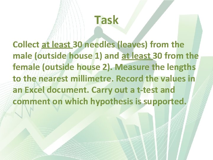Task Collect at least 30 needles (leaves) from the male (outside house 1) and