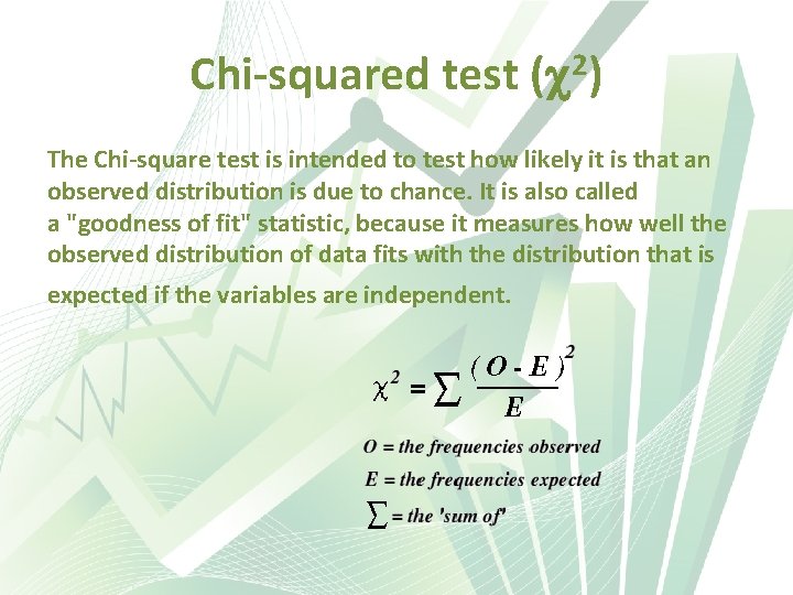 Chi-squared test ( 2) The Chi-square test is intended to test how likely it