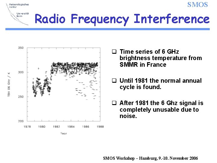 SMOS Radio Frequency Interference q Time series of 6 GHz brightness temperature from SMMR