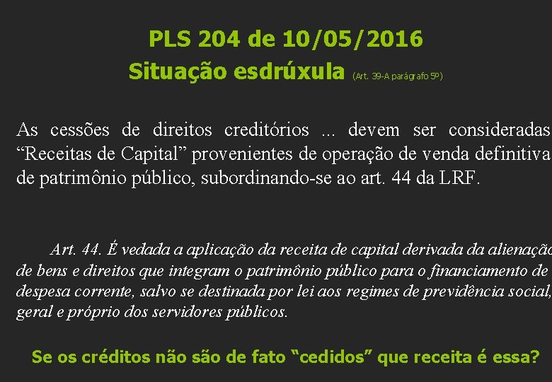 PLS 204 de 10/05/2016 Situação esdrúxula (Art. 39 -A parágrafo 5º) As cessões de