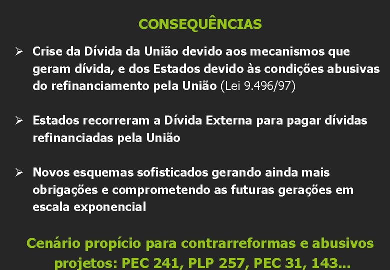 CONSEQUÊNCIAS Ø Crise da Dívida da União devido aos mecanismos que geram dívida, e