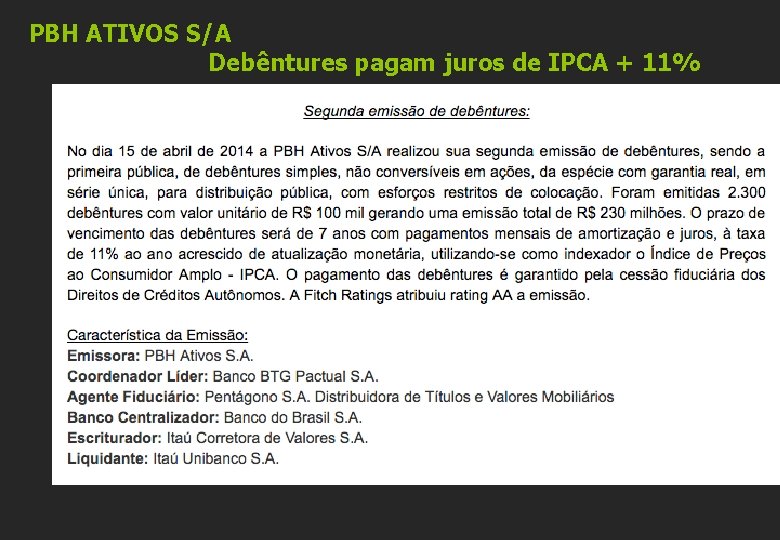 PBH ATIVOS S/A Debêntures pagam juros de IPCA + 11% 