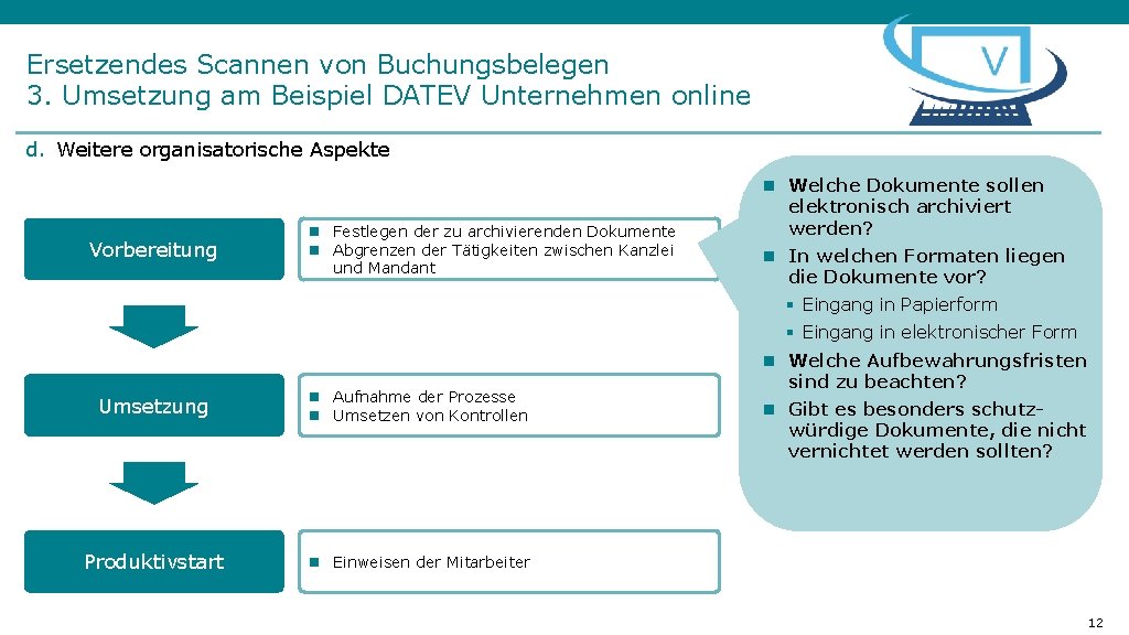 Ersetzendes Scannen von Buchungsbelegen 3. Umsetzung am Beispiel DATEV Unternehmen online d. Weitere organisatorische