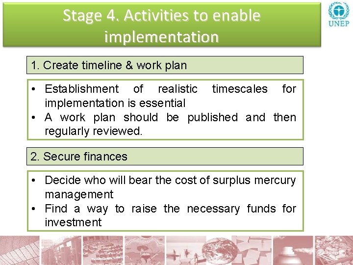 Stage 4. Activities to enable implementation 1. Create timeline & work plan • Establishment