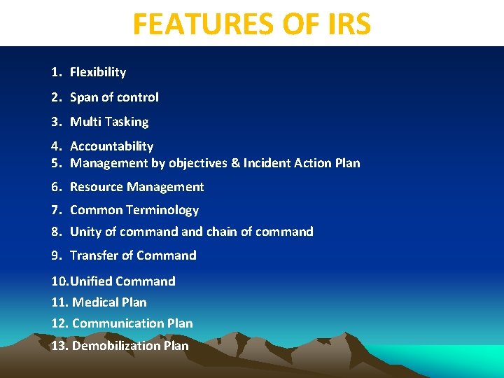 FEATURES OF IRS 1. Flexibility 2. Span of control 3. Multi Tasking 4. Accountability