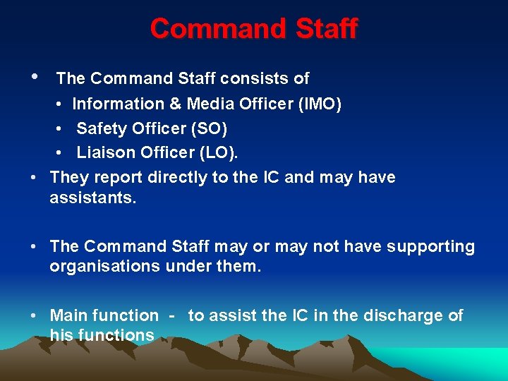 Command Staff • The Command Staff consists of • Information & Media Officer (IMO)