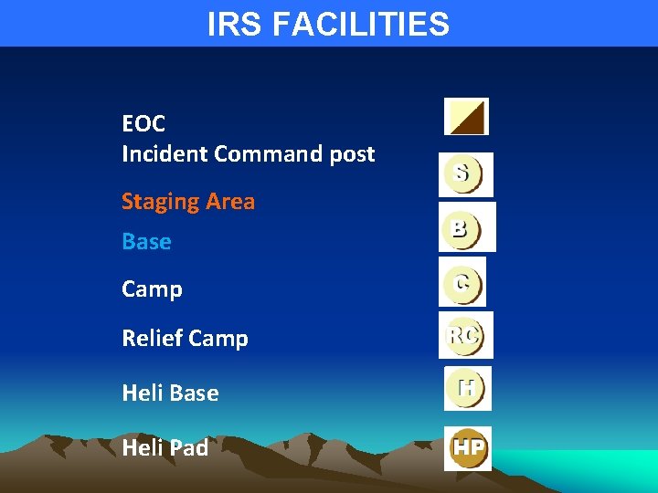 IRS FACILITIES EOC Incident Command post Staging Area Base Camp Relief Camp Heli Base