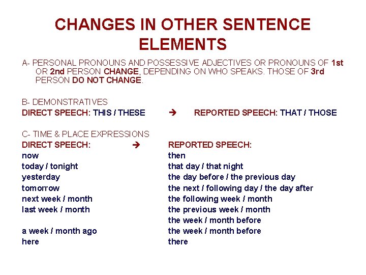 CHANGES IN OTHER SENTENCE ELEMENTS A- PERSONAL PRONOUNS AND POSSESSIVE ADJECTIVES OR PRONOUNS OF