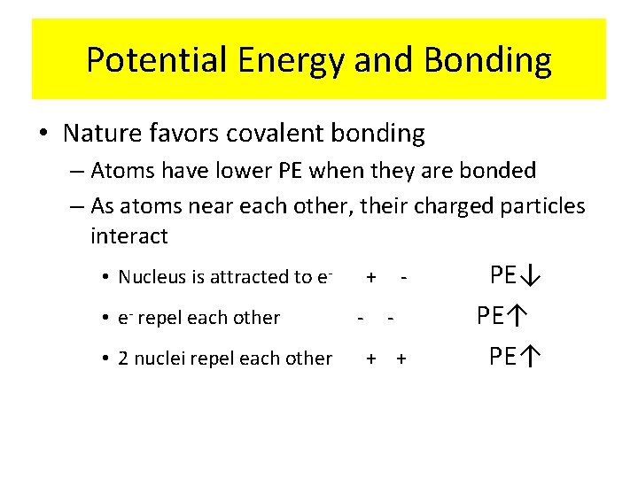 Potential Energy and Bonding • Nature favors covalent bonding – Atoms have lower PE