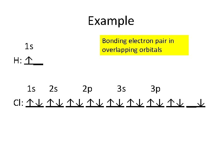 Example 1 s H: ↑__ Bonding electron pair in overlapping orbitals 1 s 2