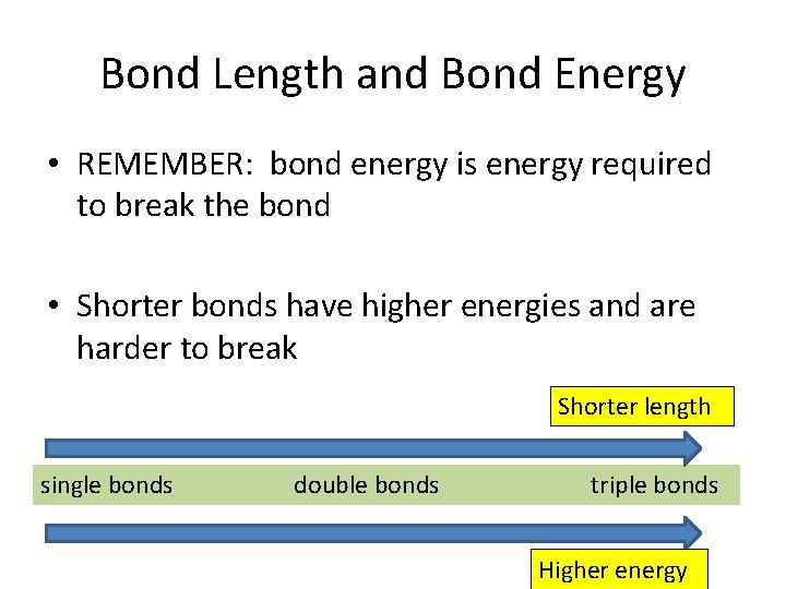 Bond Length and Bond Energy • REMEMBER: bond energy is energy required to break