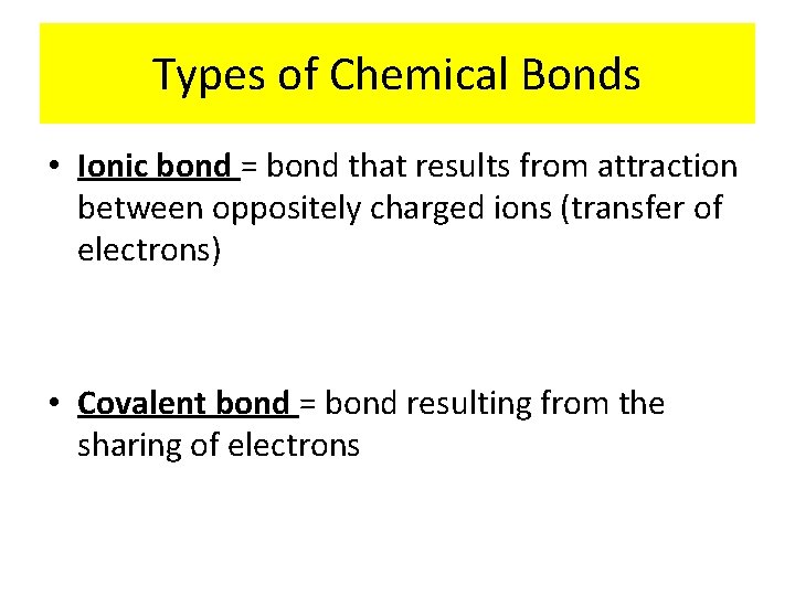 Types of Chemical Bonds • Ionic bond = bond that results from attraction between