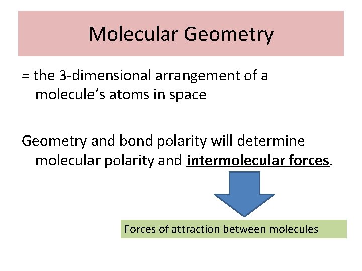 Molecular Geometry = the 3 -dimensional arrangement of a molecule’s atoms in space Geometry