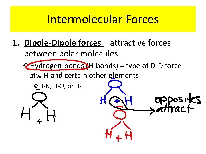Intermolecular Forces 1. Dipole-Dipole forces = attractive forces between polar molecules v. Hydrogen-bonds (H-bonds)