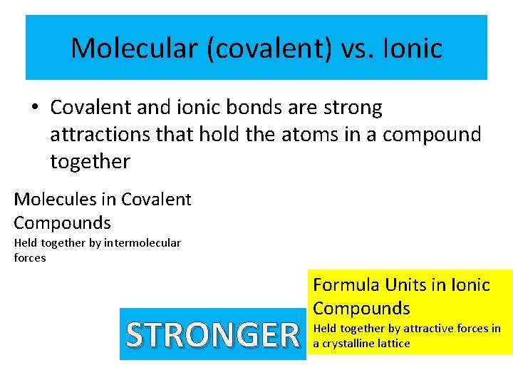 Molecular (covalent) vs. Ionic • Covalent and ionic bonds are strong attractions that hold