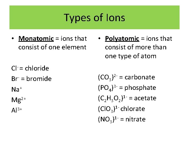 Types of Ions • Monatomic = ions that consist of one element Cl- =