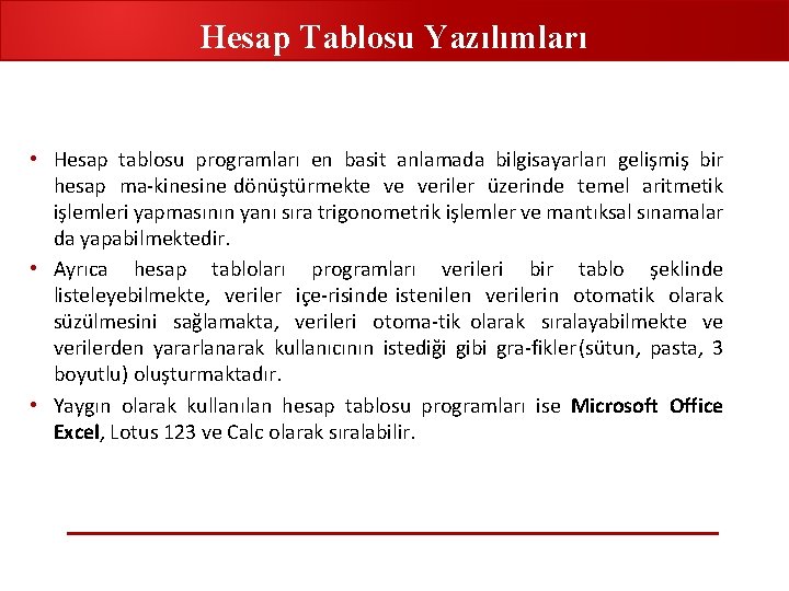 Hesap Tablosu Yazılımları • Hesap tablosu programları en basit anlamada bilgisayarları gelişmiş bir hesap