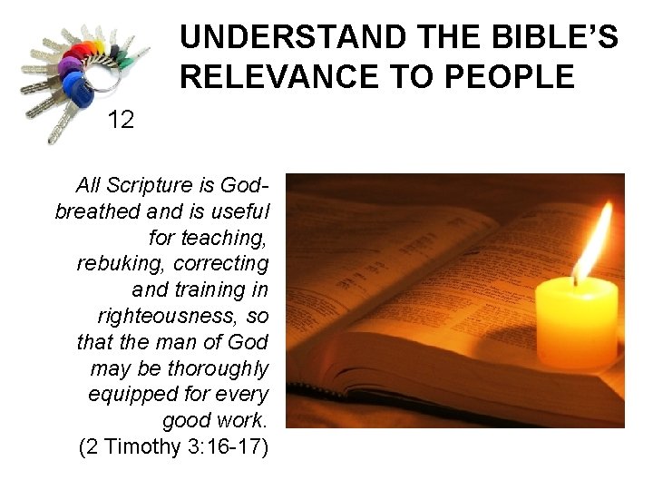 UNDERSTAND THE BIBLE’S RELEVANCE TO PEOPLE 12 All Scripture is Godbreathed and is useful