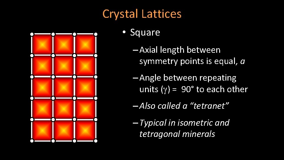 Crystal Lattices • Square – Axial length between symmetry points is equal, a –