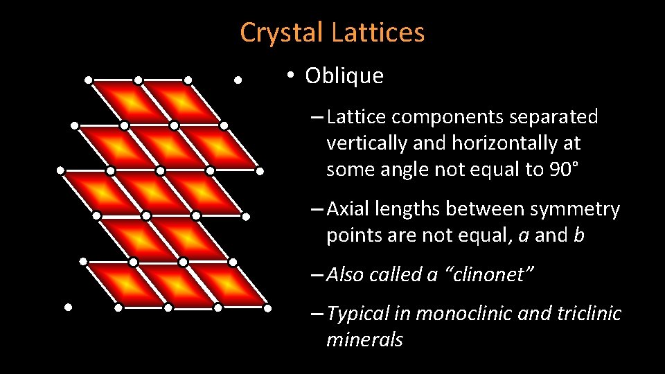 Crystal Lattices • Oblique – Lattice components separated vertically and horizontally at some angle