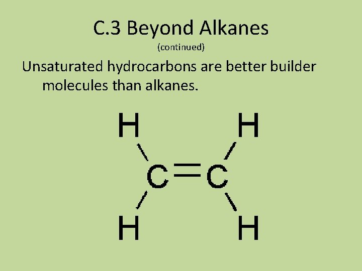 C. 3 Beyond Alkanes (continued) Unsaturated hydrocarbons are better builder molecules than alkanes. 