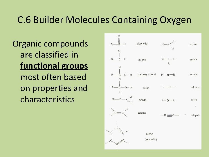 C. 6 Builder Molecules Containing Oxygen Organic compounds are classified in functional groups most
