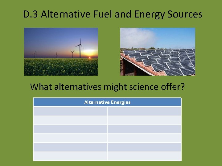 D. 3 Alternative Fuel and Energy Sources What alternatives might science offer? Alternative Energies