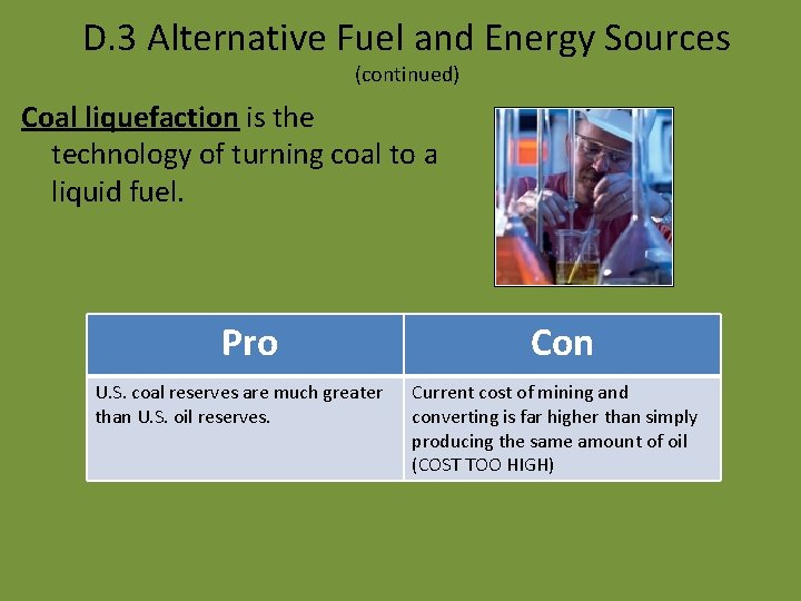 D. 3 Alternative Fuel and Energy Sources (continued) Coal liquefaction is the technology of