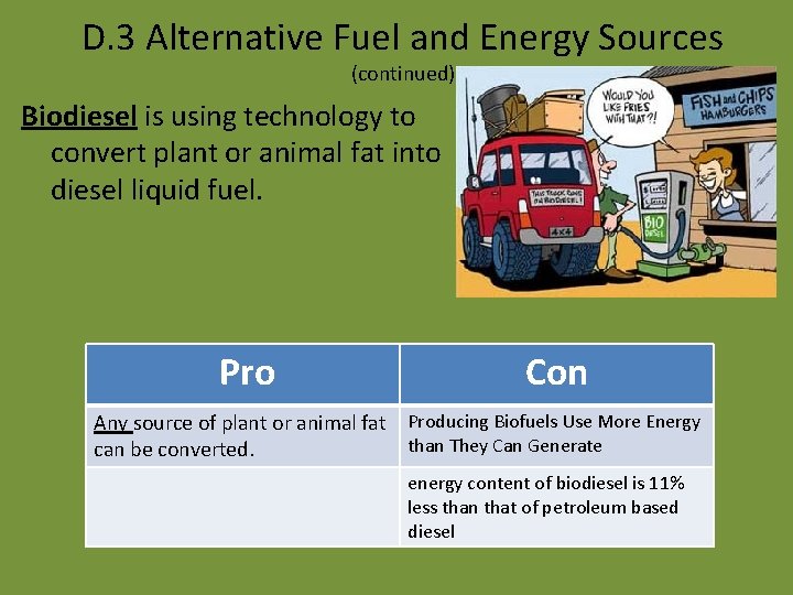 D. 3 Alternative Fuel and Energy Sources (continued) Biodiesel is using technology to convert
