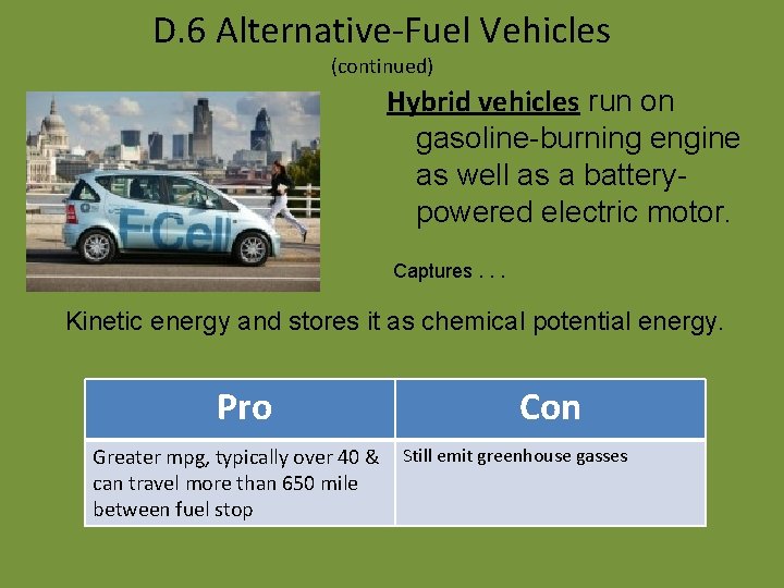 D. 6 Alternative-Fuel Vehicles (continued) Hybrid vehicles run on gasoline-burning engine as well as