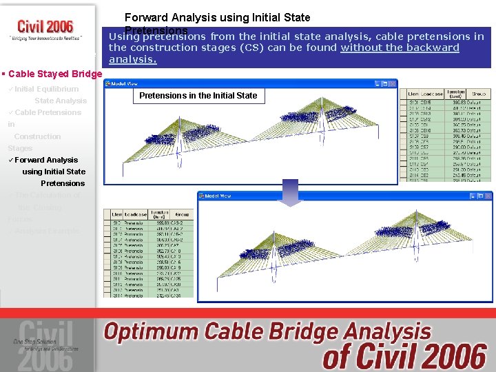 Forward Analysis using Initial State Pretensions Using pretensions from the initial state analysis, cable