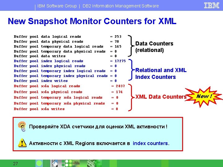 IBM Software Group | DB 2 Information Management Software New Snapshot Monitor Counters for