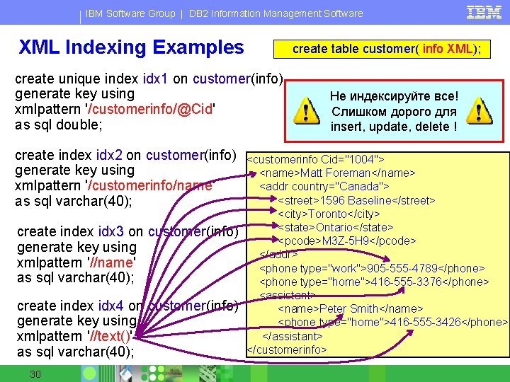 IBM Software Group | DB 2 Information Management Software XML Indexing Examples create table
