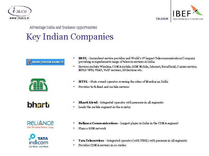 www. imacs. in TELECOM Advantage India and business opportunities Key Indian Companies • BSNL