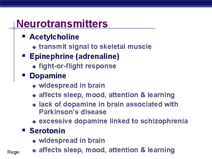 Neurotransmitters § Acetylcholine u transmit signal to skeletal muscle § Epinephrine (adrenaline) u fight-or-flight