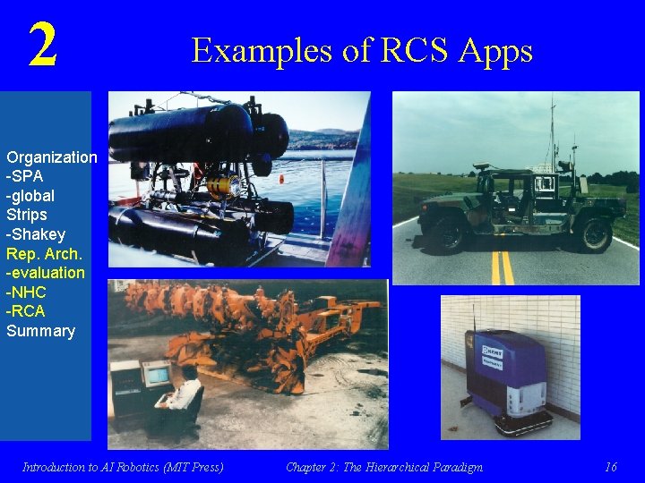 2 Examples of RCS Apps Organization -SPA -global Strips -Shakey Rep. Arch. -evaluation -NHC