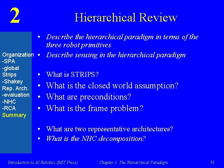 2 Organization -SPA -global Strips -Shakey Rep. Arch. -evaluation -NHC -RCA Summary Hierarchical Review