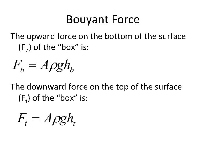 Bouyant Force The upward force on the bottom of the surface (Fb) of the