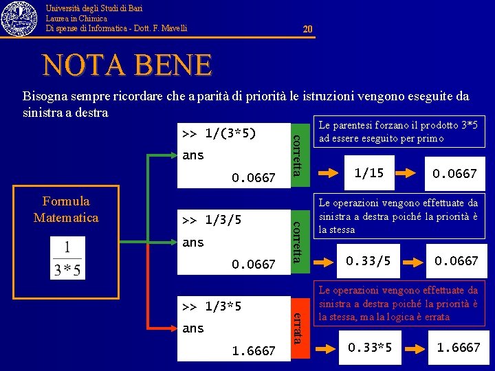 Università degli Studi di Bari Laurea in Chimica Di spense di Informatica - Dott.