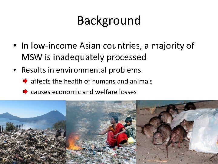 Background • In low-income Asian countries, a majority of MSW is inadequately processed •