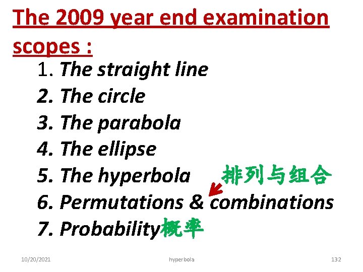 The 2009 year end examination scopes : 1. The straight line 2. The circle