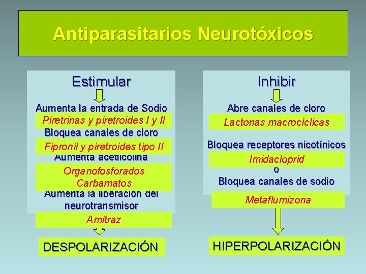 Antiparasitarios Neurotóxicos Estimular Inhibir Aumenta la entrada de Sodio Piretrinas y piretroides I y