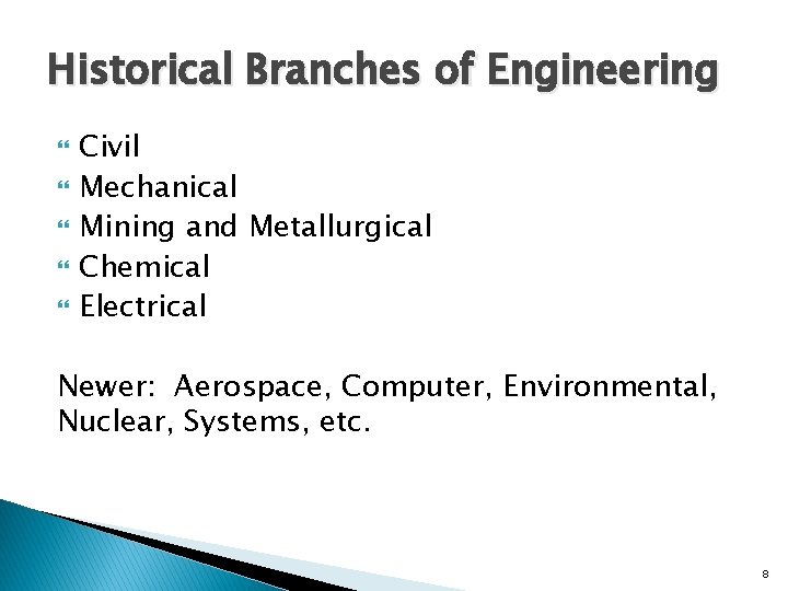 Historical Branches of Engineering Civil Mechanical Mining and Metallurgical Chemical Electrical Newer: Aerospace, Computer,