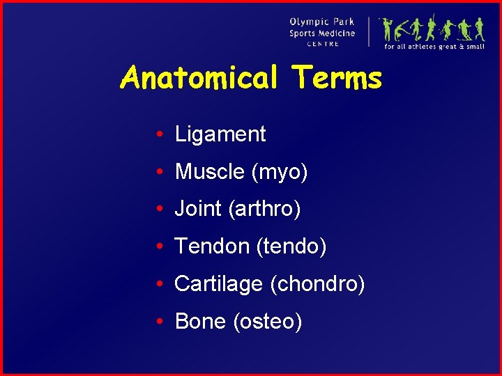 Anatomical Terms • Ligament • Muscle (myo) • Joint (arthro) • Tendon (tendo) •