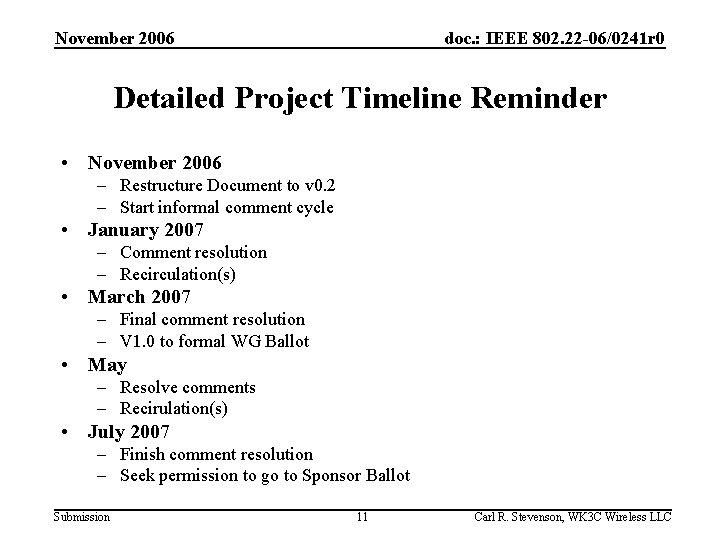 November 2006 doc. : IEEE 802. 22 -06/0241 r 0 Detailed Project Timeline Reminder