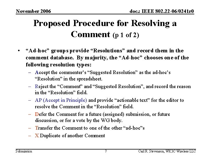 November 2006 doc. : IEEE 802. 22 -06/0241 r 0 Proposed Procedure for Resolving